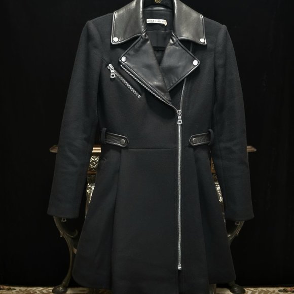 Alice + Olivia Jackets & Blazers - ALICE + OLIVIA F/19 "Cody" Midi Moto Peplum Flare Coat w/ Leather Trim, XS, $895